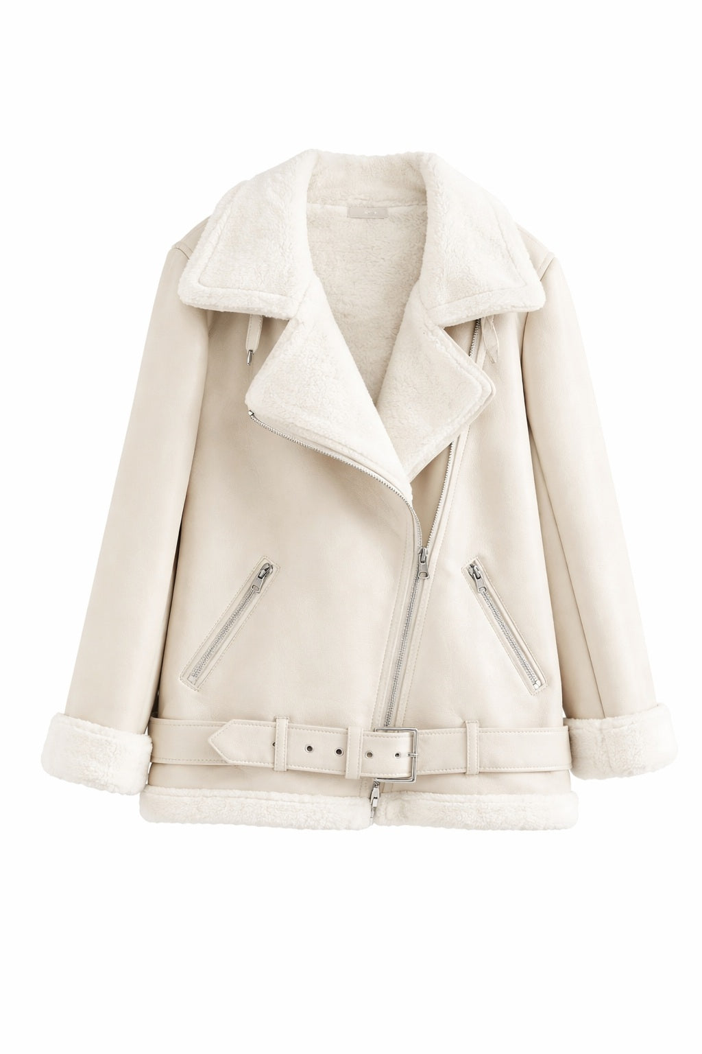 F014 Women's Aviator Sheepskin Leather Shearling Fur Belted Design Jacket White Coat