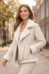 F014 Women's Aviator Sheepskin Leather Shearling Fur Belted Design Jacket White Coat