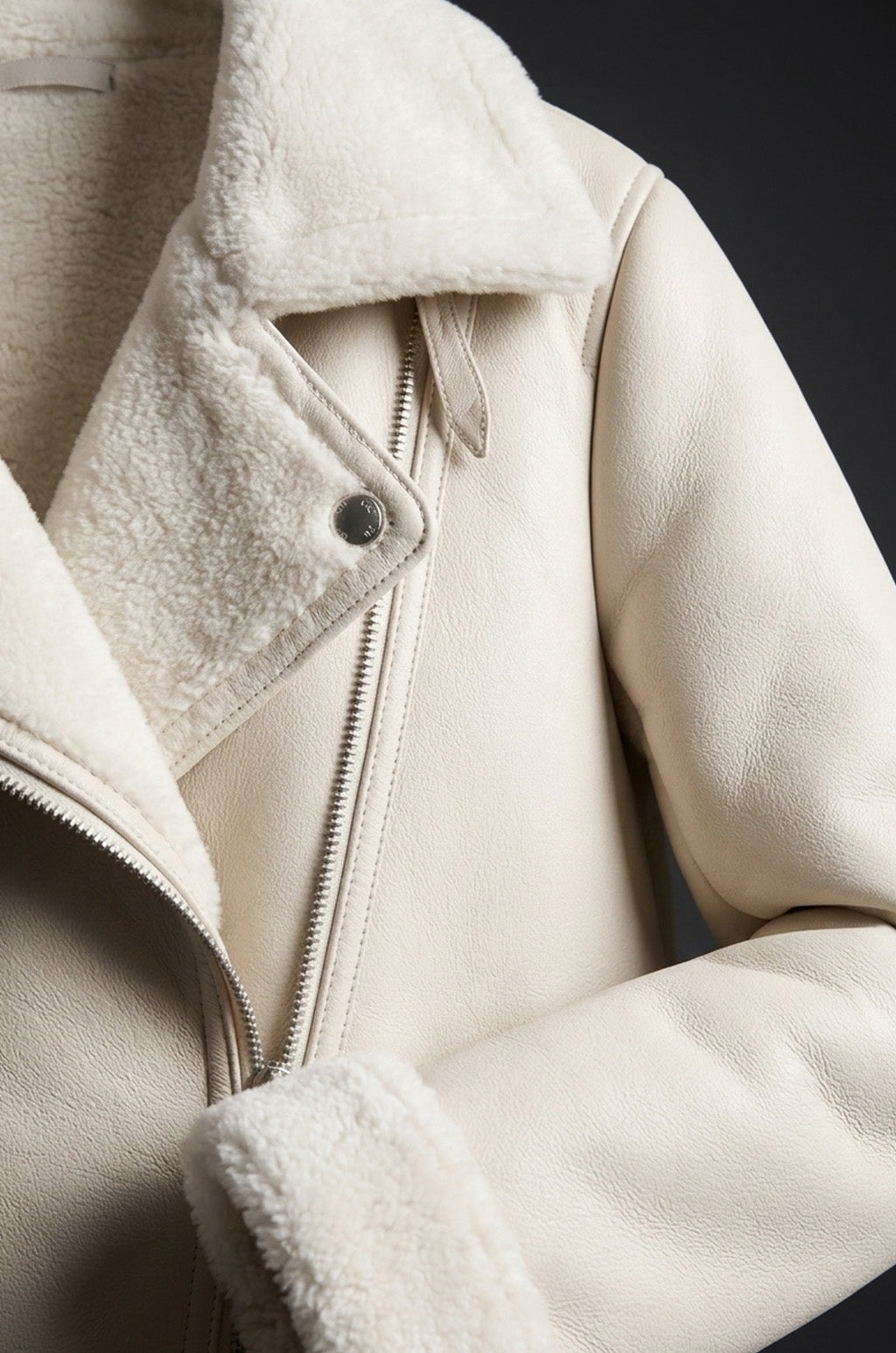 F014 Women's Aviator Sheepskin Leather Shearling Fur Belted Design Jacket White Coat