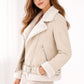 F014 Women's Aviator Sheepskin Leather Shearling Fur Belted Design Jacket White Coat