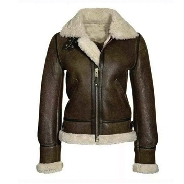 F015 Women's Army Classic Aviator Real leather Biker Shearling Fur Jacket Brown