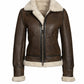 F015 Women's Army Classic Aviator Real leather Biker Shearling Fur Jacket Brown