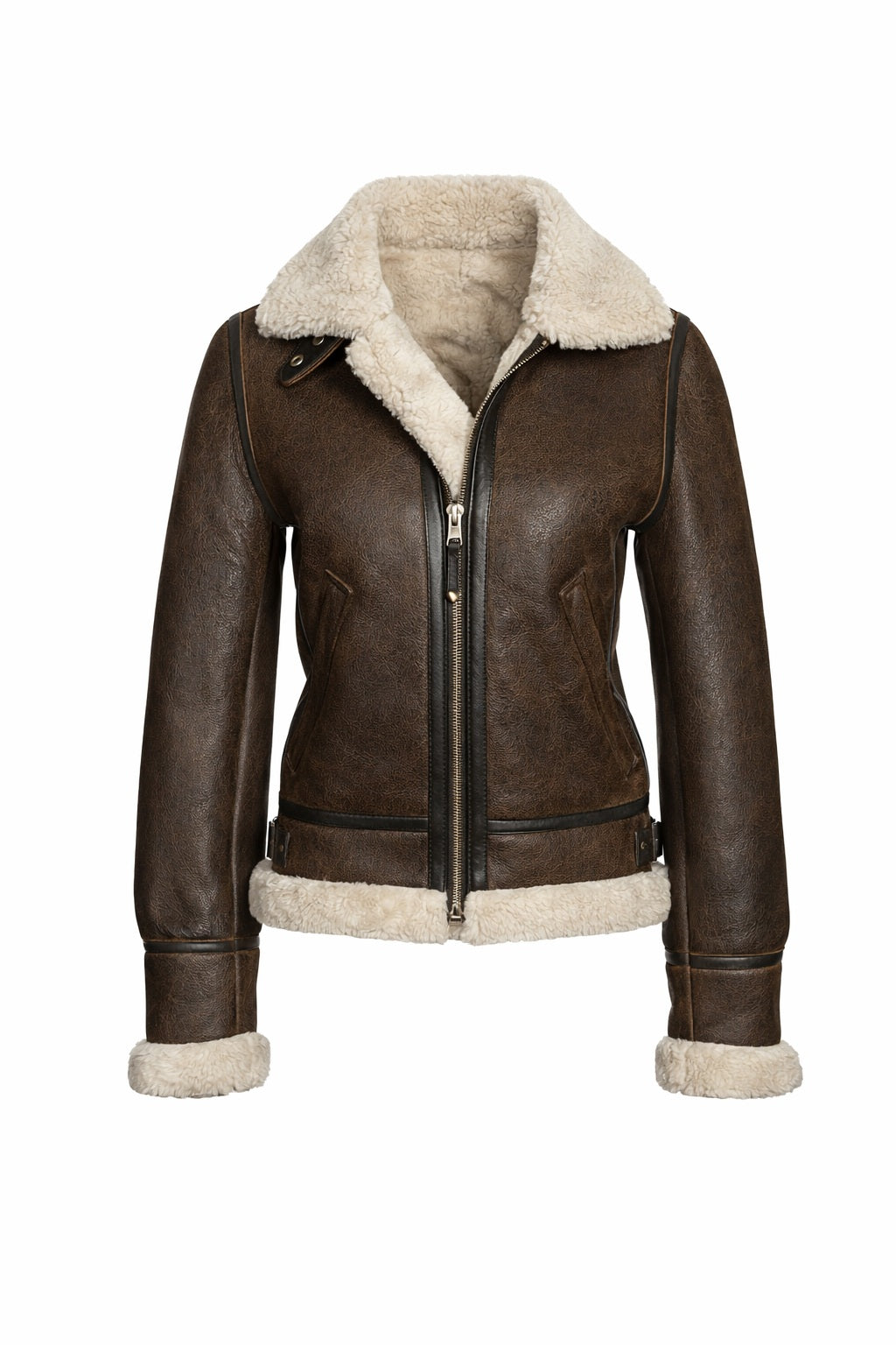 F015 Women's Army Classic Aviator Real leather Biker Shearling Fur Jacket Brown