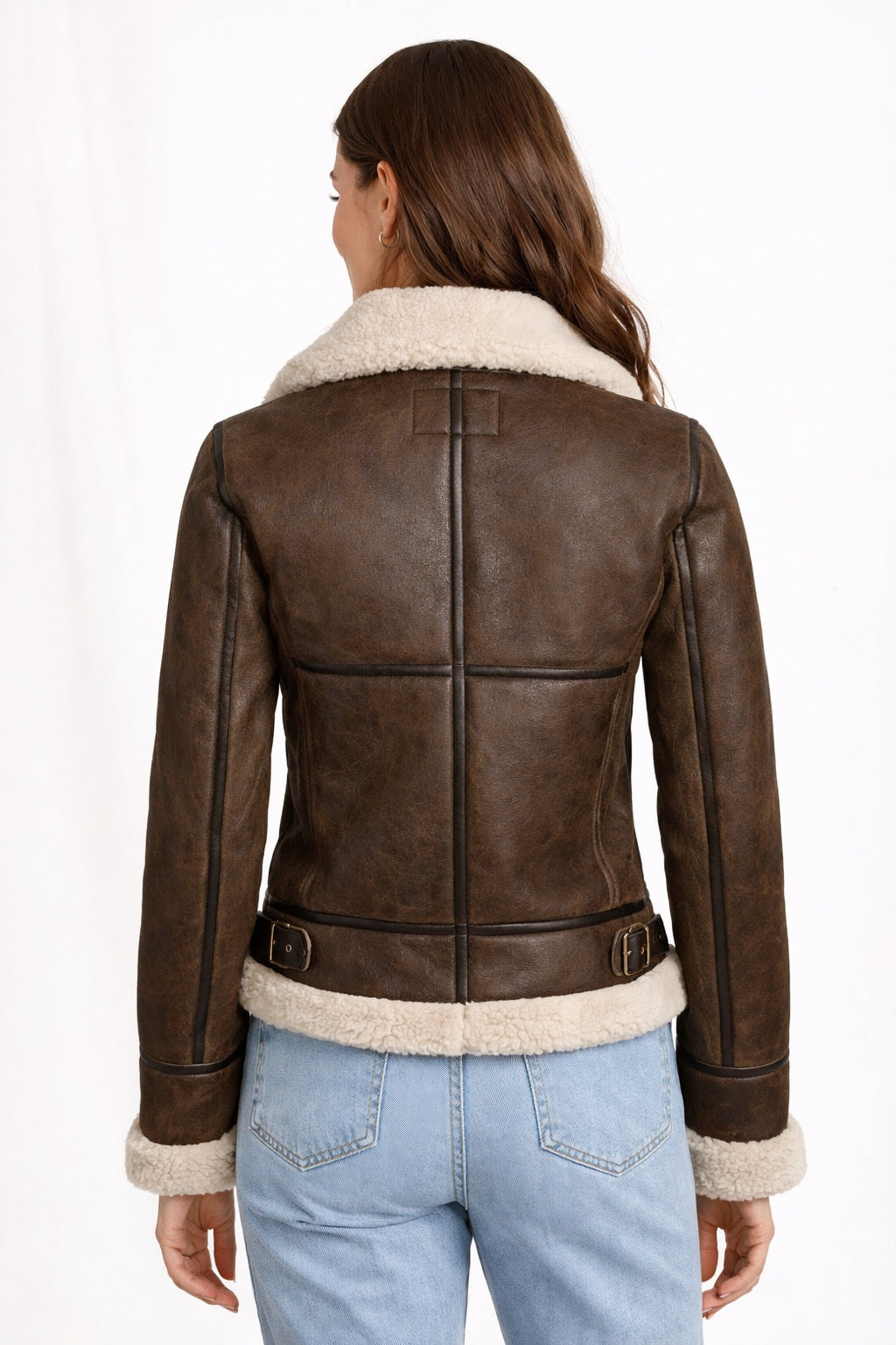 F015 Women's Army Classic Aviator Real leather Biker Shearling Fur Jacket Brown