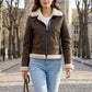 F015 Women's Army Classic Aviator Real leather Biker Shearling Fur Jacket Brown