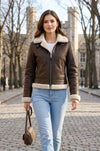F015 Women's Army Classic Aviator Real leather Biker Shearling Fur Jacket Brown