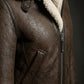 F015 Women's Army Classic Aviator Real leather Biker Shearling Fur Jacket Brown