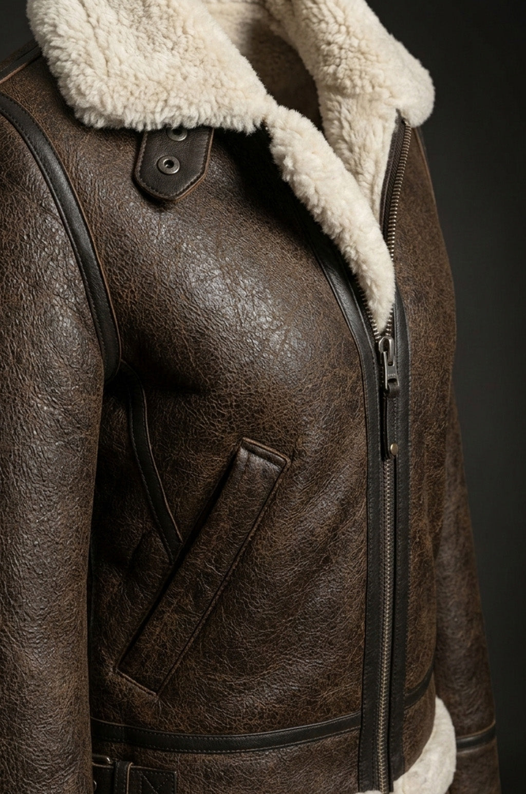 F015 Women's Army Classic Aviator Real leather Biker Shearling Fur Jacket Brown