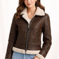 F015 Women's Army Classic Aviator Real leather Biker Shearling Fur Jacket Brown