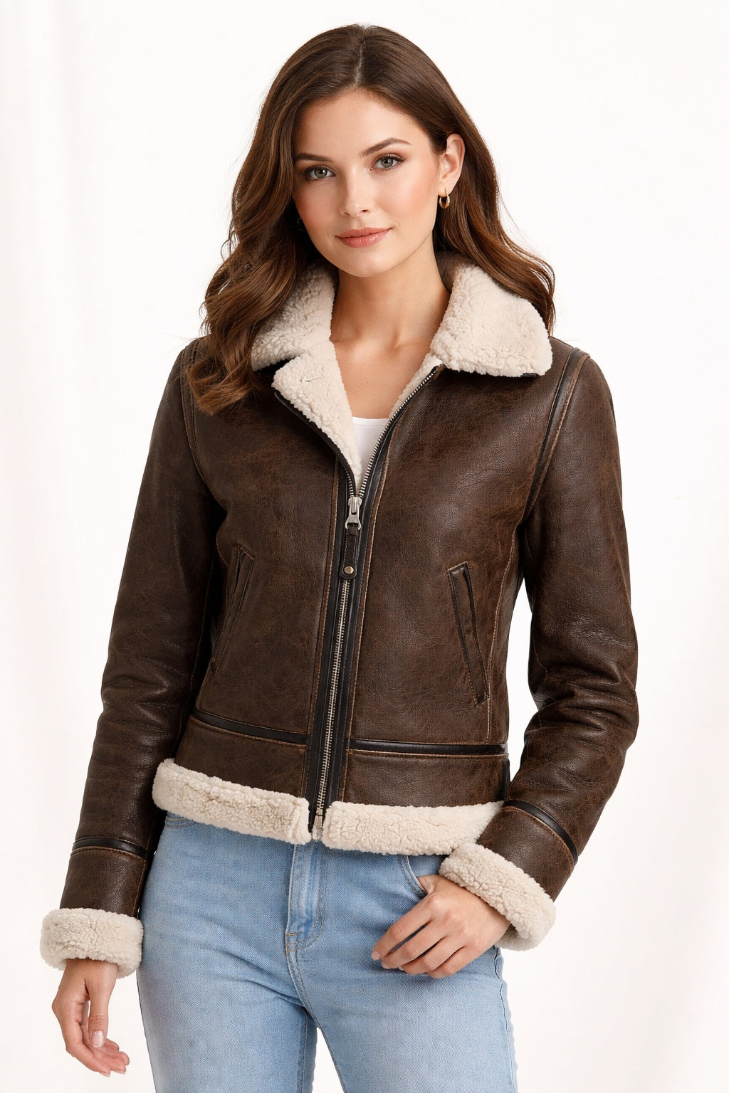 F015 Women's Army Classic Aviator Real leather Biker Shearling Fur Jacket Brown