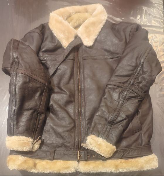 Men Flying Aviator Coat Real Jacket Shearling Fur Collar Army Style Jacket Brown