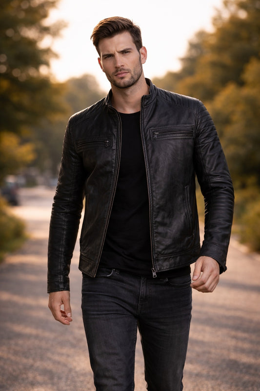 M001 Cafe Racer Black Men's Biker Vintage Motorcycle Jacket