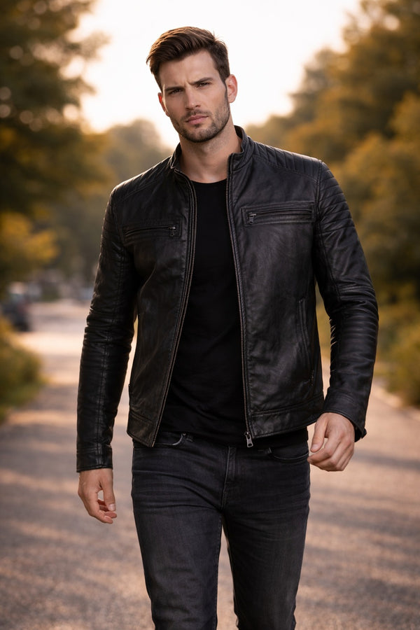 M001 Cafe Racer Black Men's Biker Vintage Motorcycle Jacket