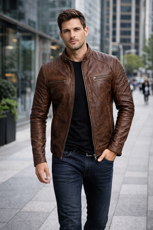 M002 Cafe Racer Men's Vintage Style Retro Brown Distressed Jacket