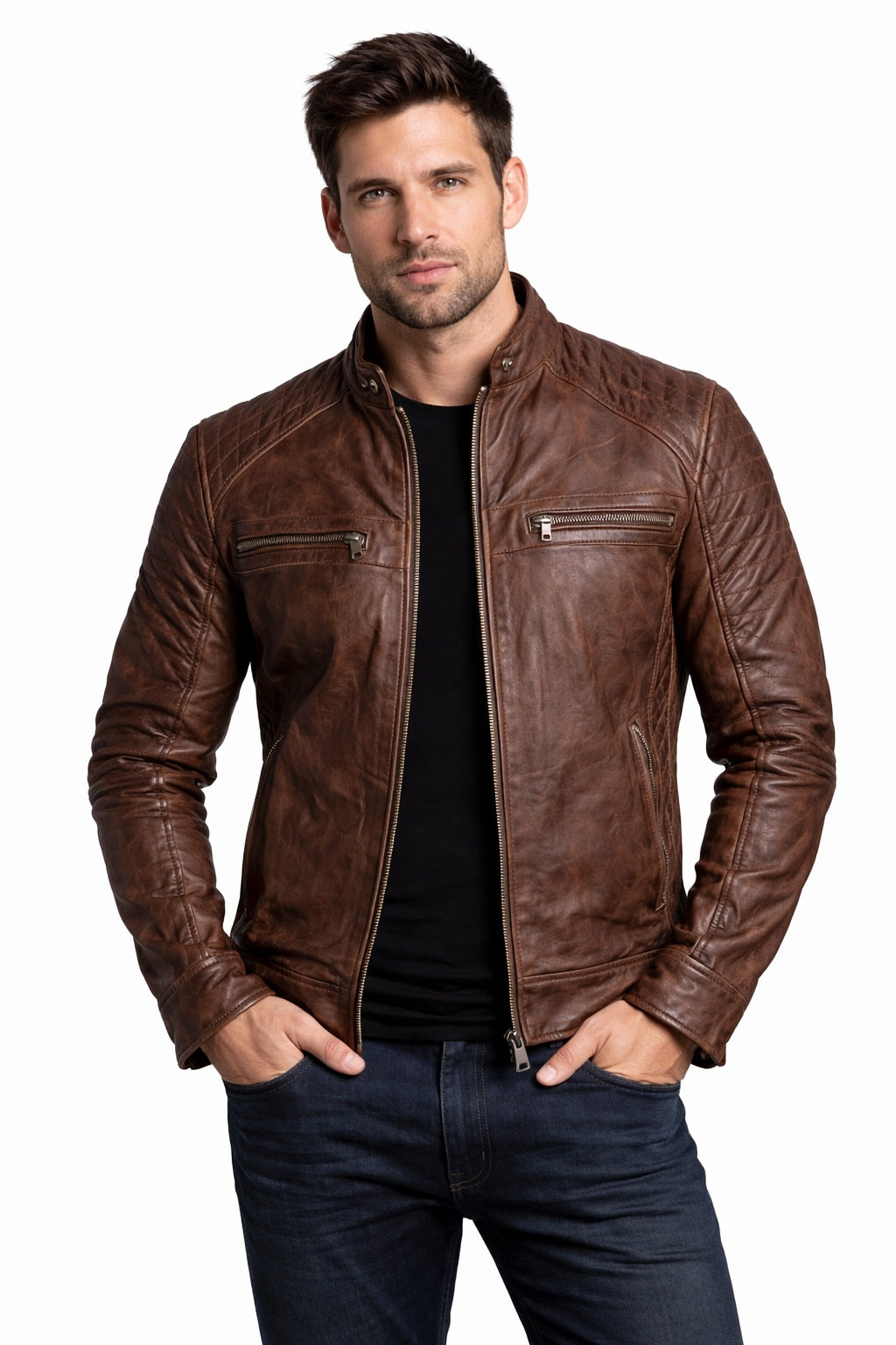 M002 Cafe Racer Men's Vintage Style Retro Brown Distressed Jacket