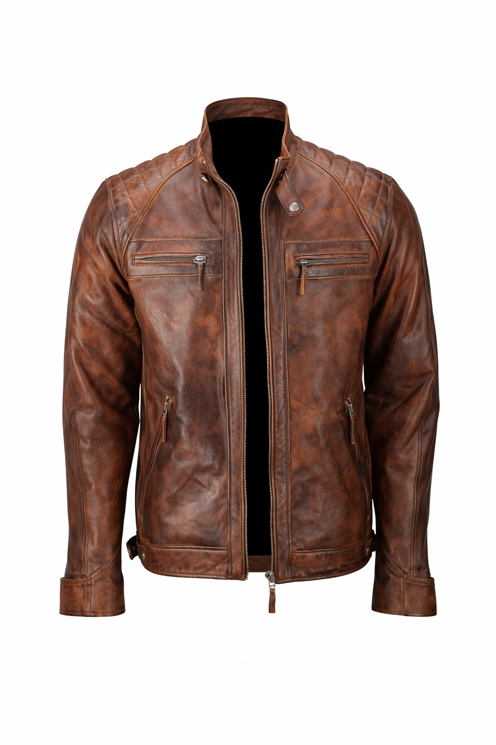 M005 Men's Biker Quilted Brown Vintage Distressed Motorcycle Jacket