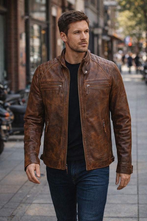 M005 Men's Biker Quilted Brown Vintage Distressed Motorcycle Jacket
