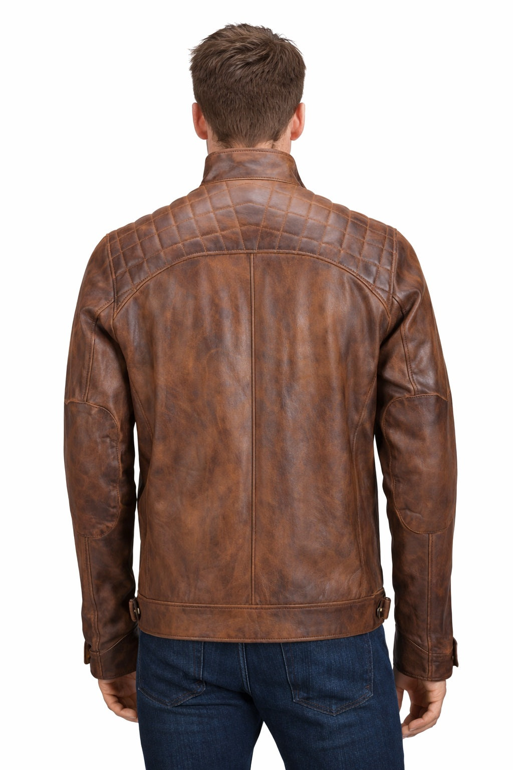 M005 Men's Biker Quilted Brown Vintage Distressed Motorcycle Jacket