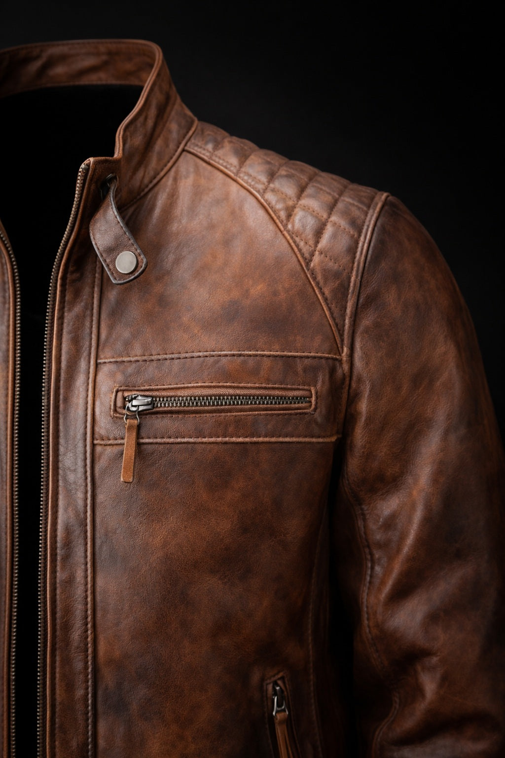 M005 Men's Biker Quilted Brown Vintage Distressed Motorcycle Jacket