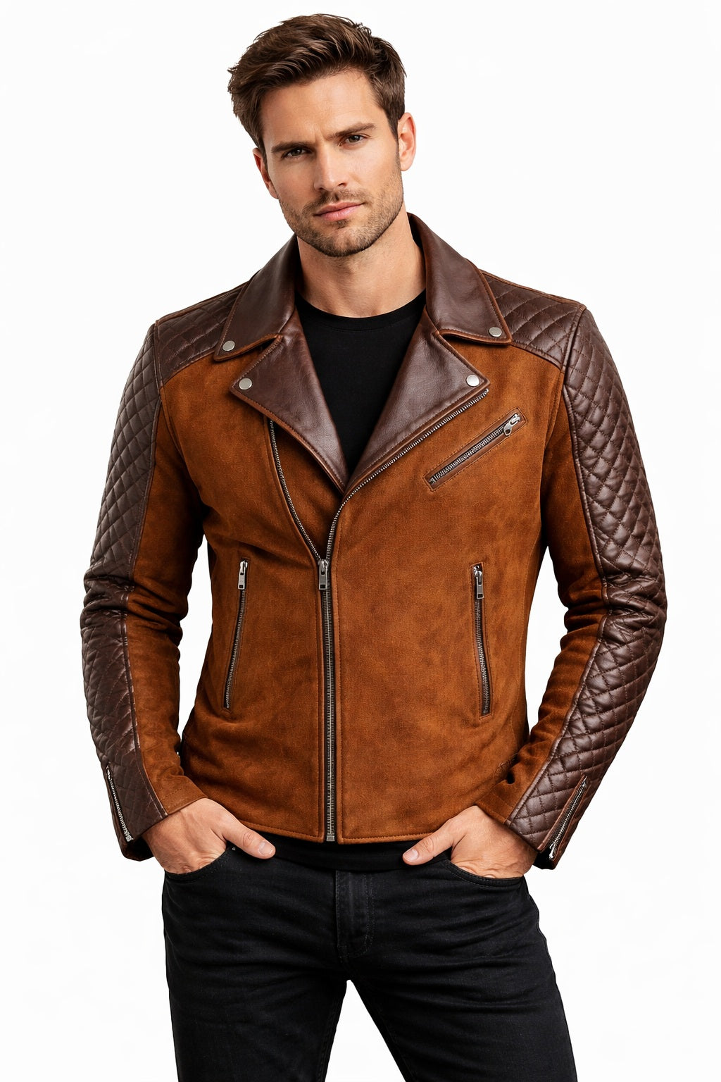 M008 Men's Cafe Racer Stylish Biker Real Leather Suede Brown Jacket