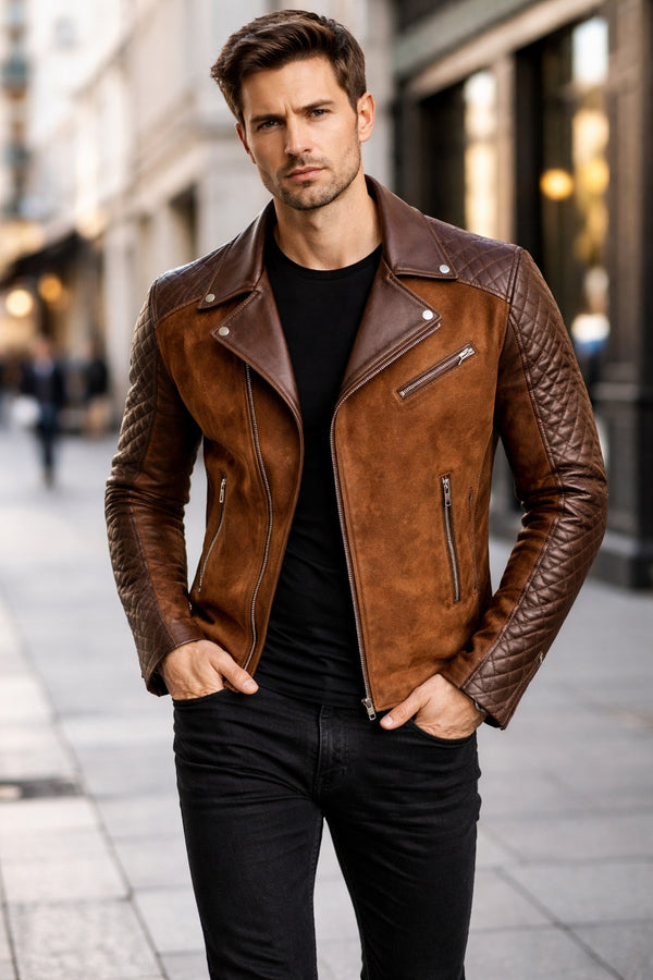 M008 Men's Cafe Racer Stylish Biker Real Leather Suede Brown Jacket