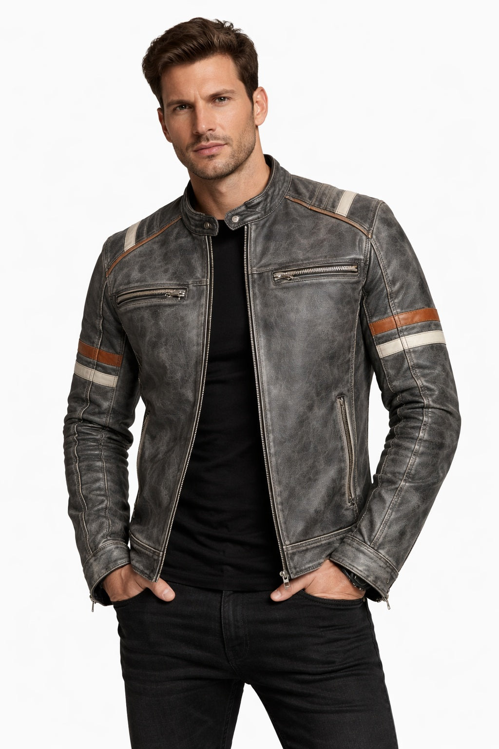 M009 Retro-2 Men Biker Vintage Motorcycle Distressed Leather Jacket