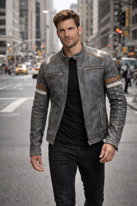 M009 Retro-2 Men Biker Vintage Motorcycle Distressed Leather Jacket