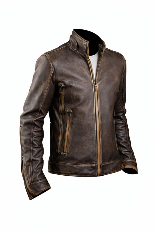 M010 Cafe Racer Stylish Distressed Brown Biker Vintage Real Leather Men's Jacket