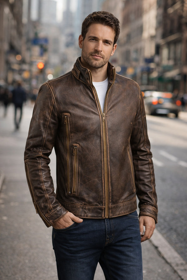 M010 Cafe Racer Stylish Distressed Brown Biker Vintage Real Leather Men's Jacket