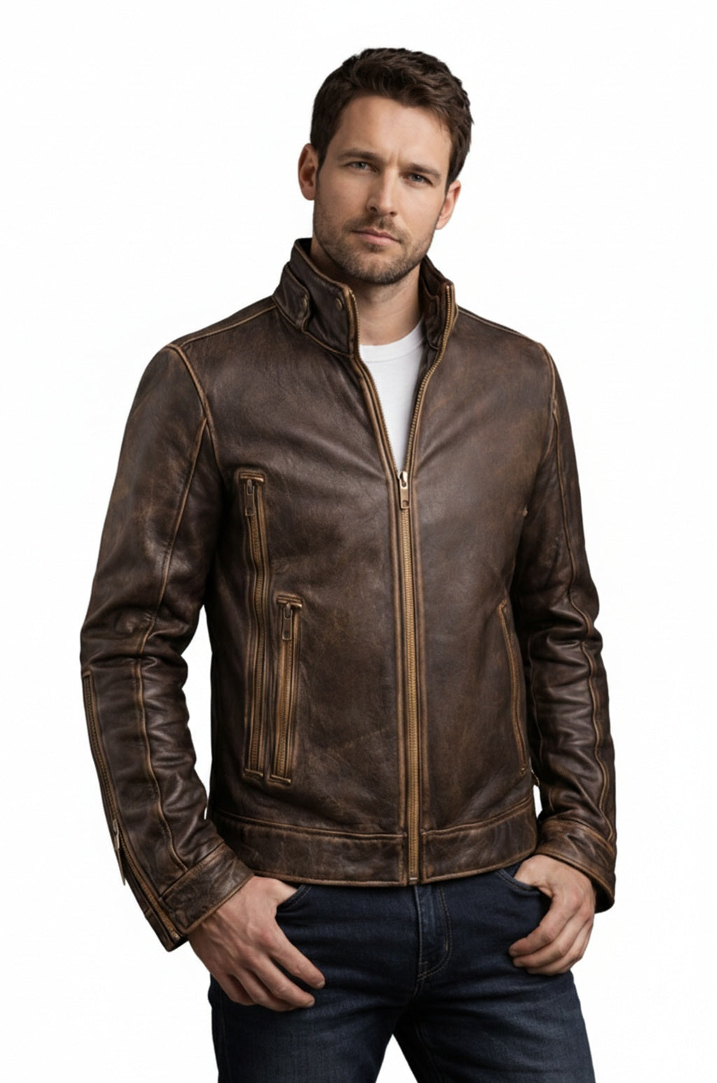 M010 Cafe Racer Stylish Distressed Brown Biker Vintage Real Leather Men's Jacket