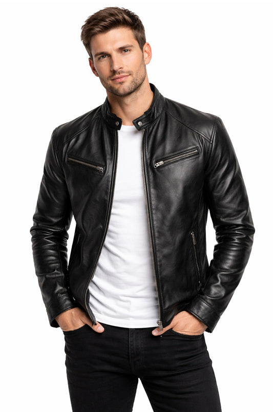 M012 Vintage Cafe Racer Black Men Retro Biker Stylish Genuine Leather Jacket