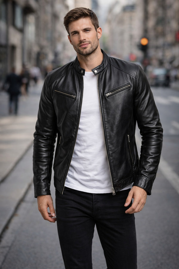 M012 Vintage Cafe Racer Black Men Retro Biker Stylish Genuine Leather Jacket