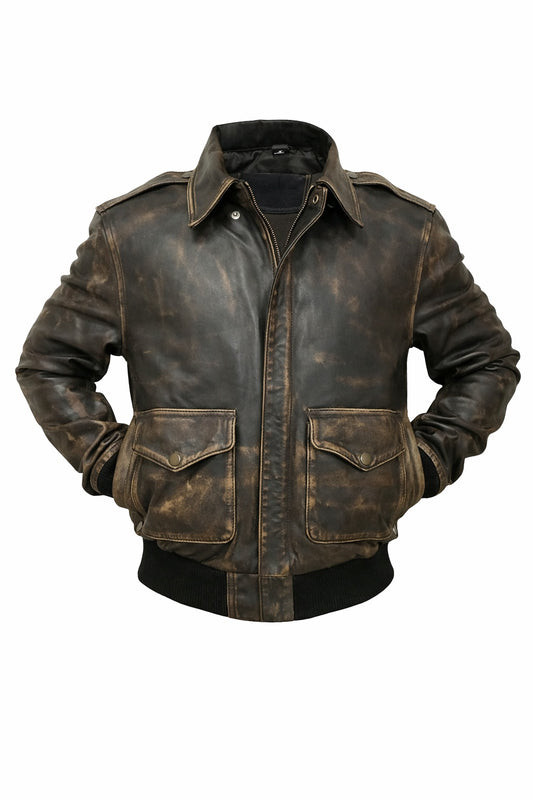 M013 Brown Aviator Distress A-2 Flying Army Style Bomber Flight Jacket For Men
