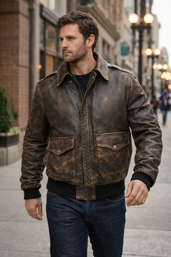 M013 Brown Aviator Distress A-2 Flying Army Style Bomber Flight Jacket For Men