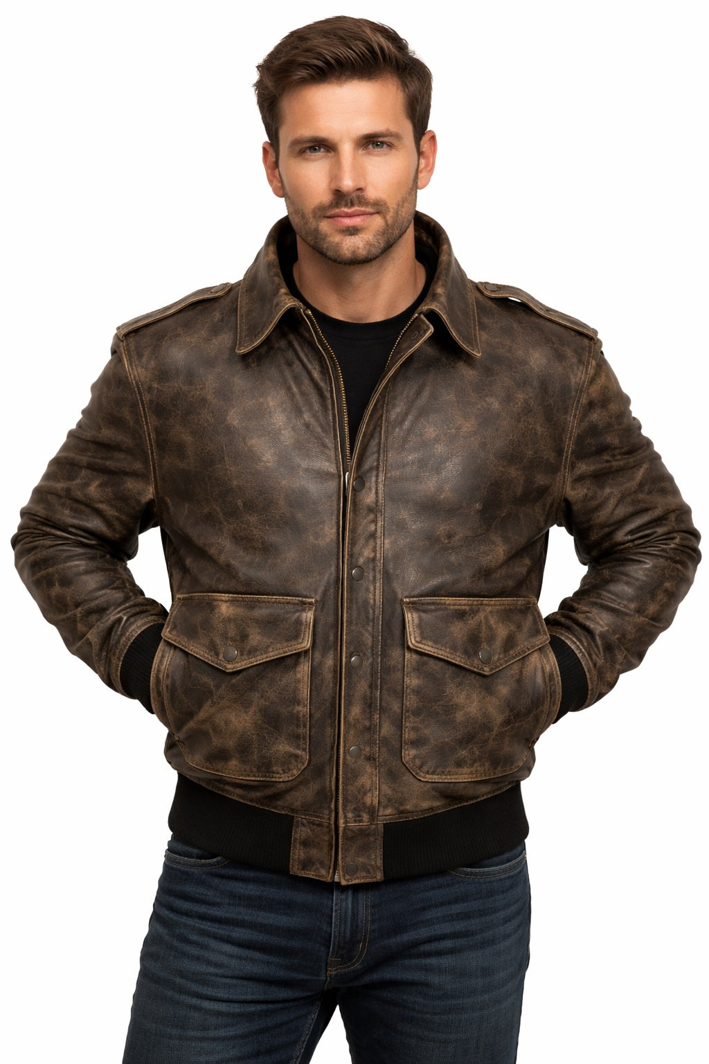 M013 Brown Aviator Distress A-2 Flying Army Style Bomber Flight Jacket For Men