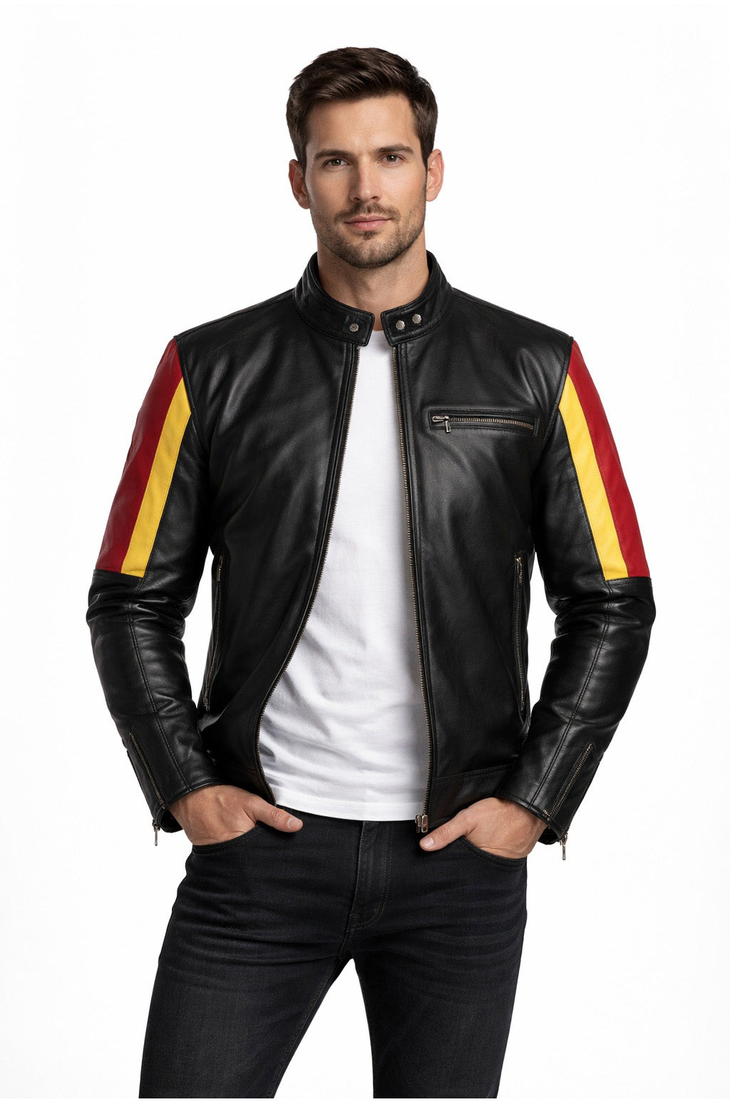 M019 HoL Brand German Flag Brown Genuine Leather Jacket For Men's