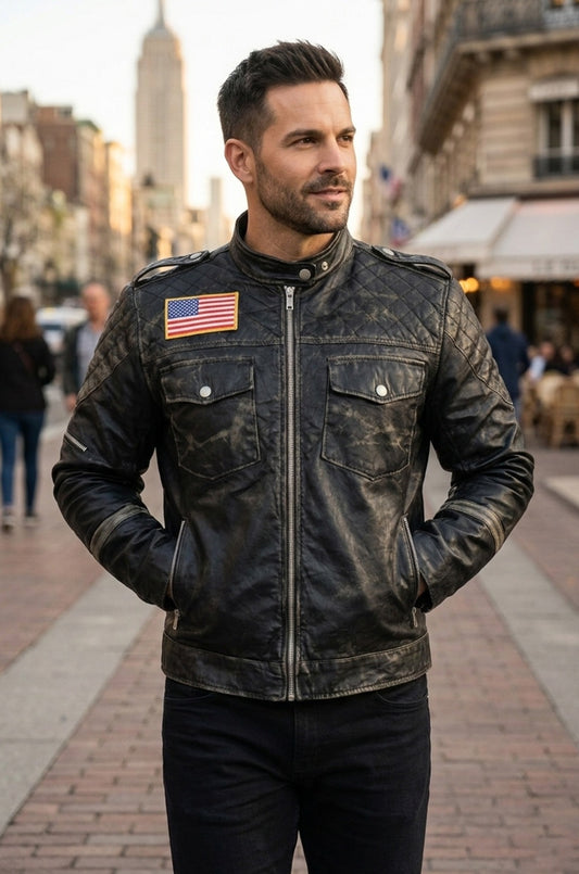 M021 New US Flag Black Vintage Distressed Moto Retro Jacket