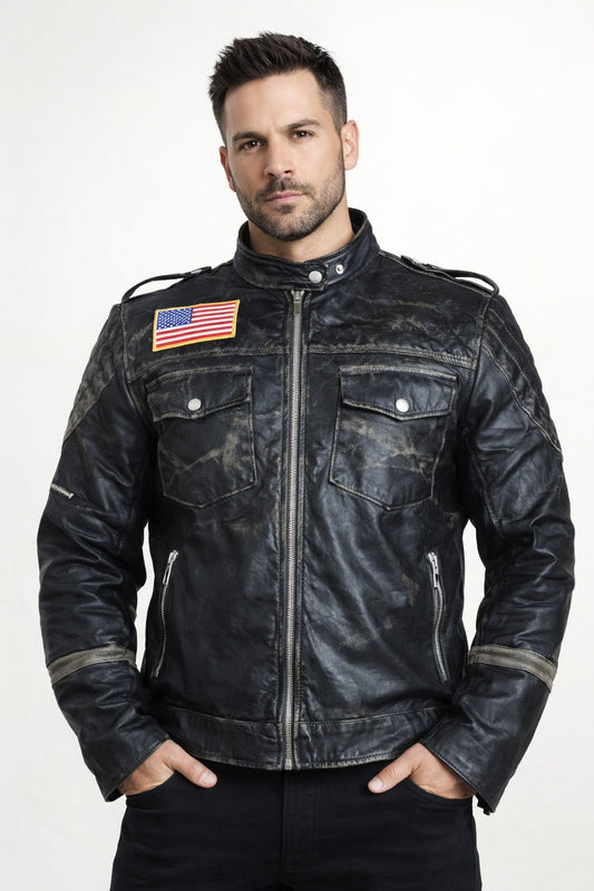 M021 New US Flag Black Vintage Distressed Moto Retro Jacket