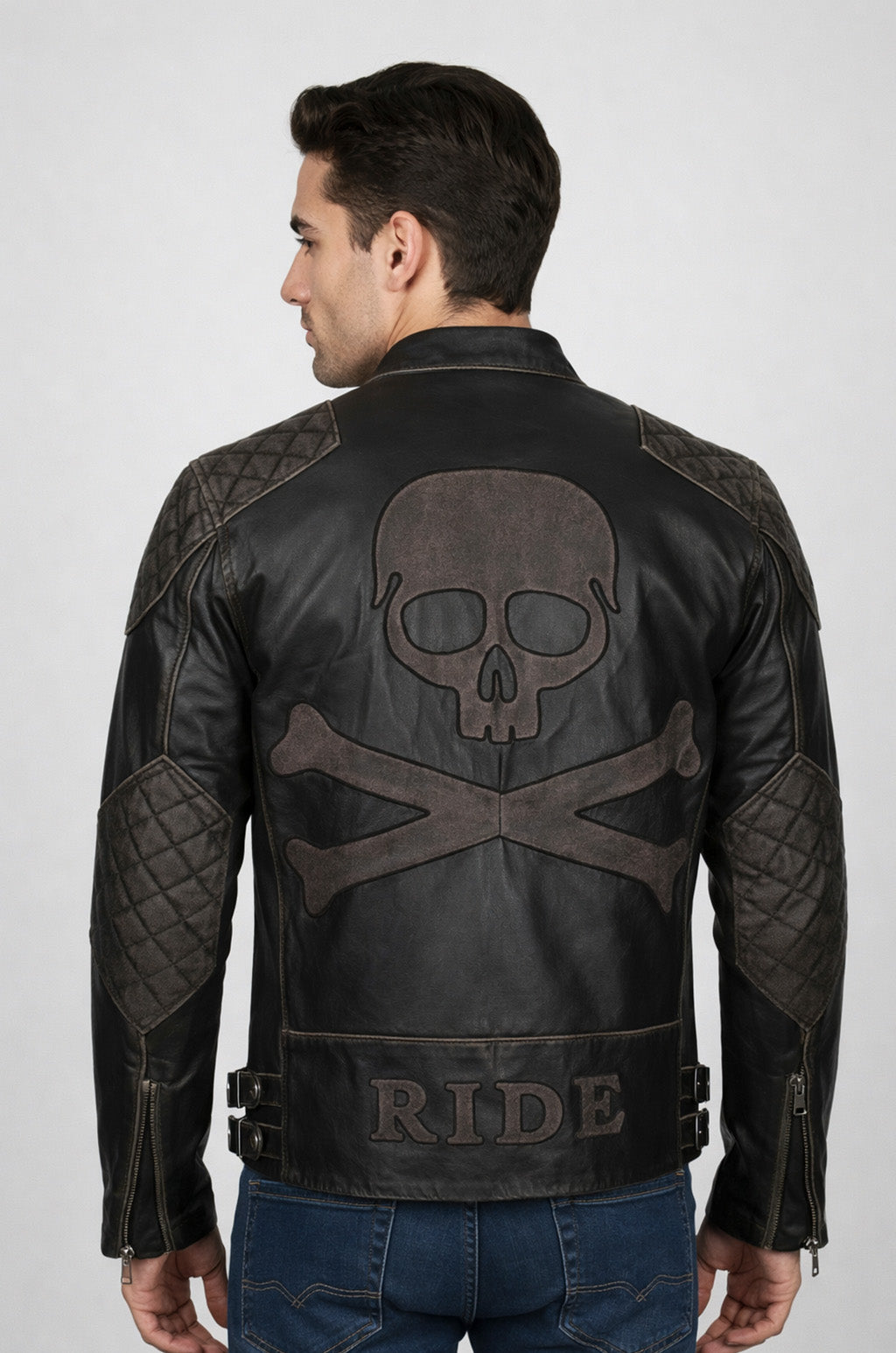 M023 Motorcycle Fashion Skull Vintage Men's Brown Biker Wear Ride Jacket