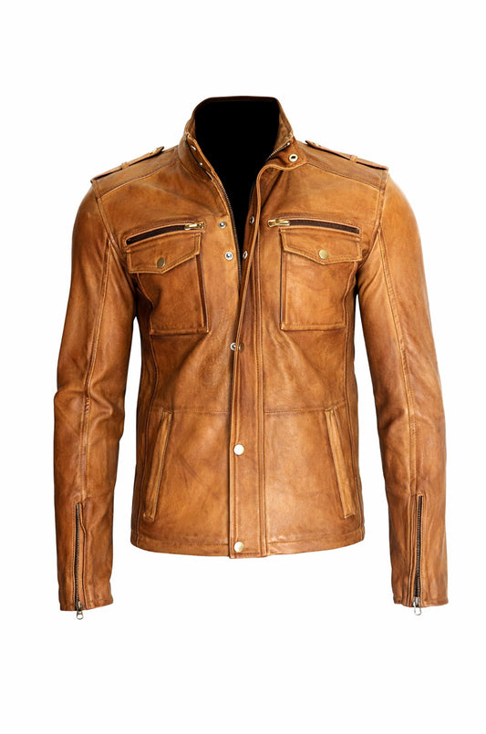 M025 Men's Motorcycle Real Leather Tan Brown Distressed Moto Biker Jacket