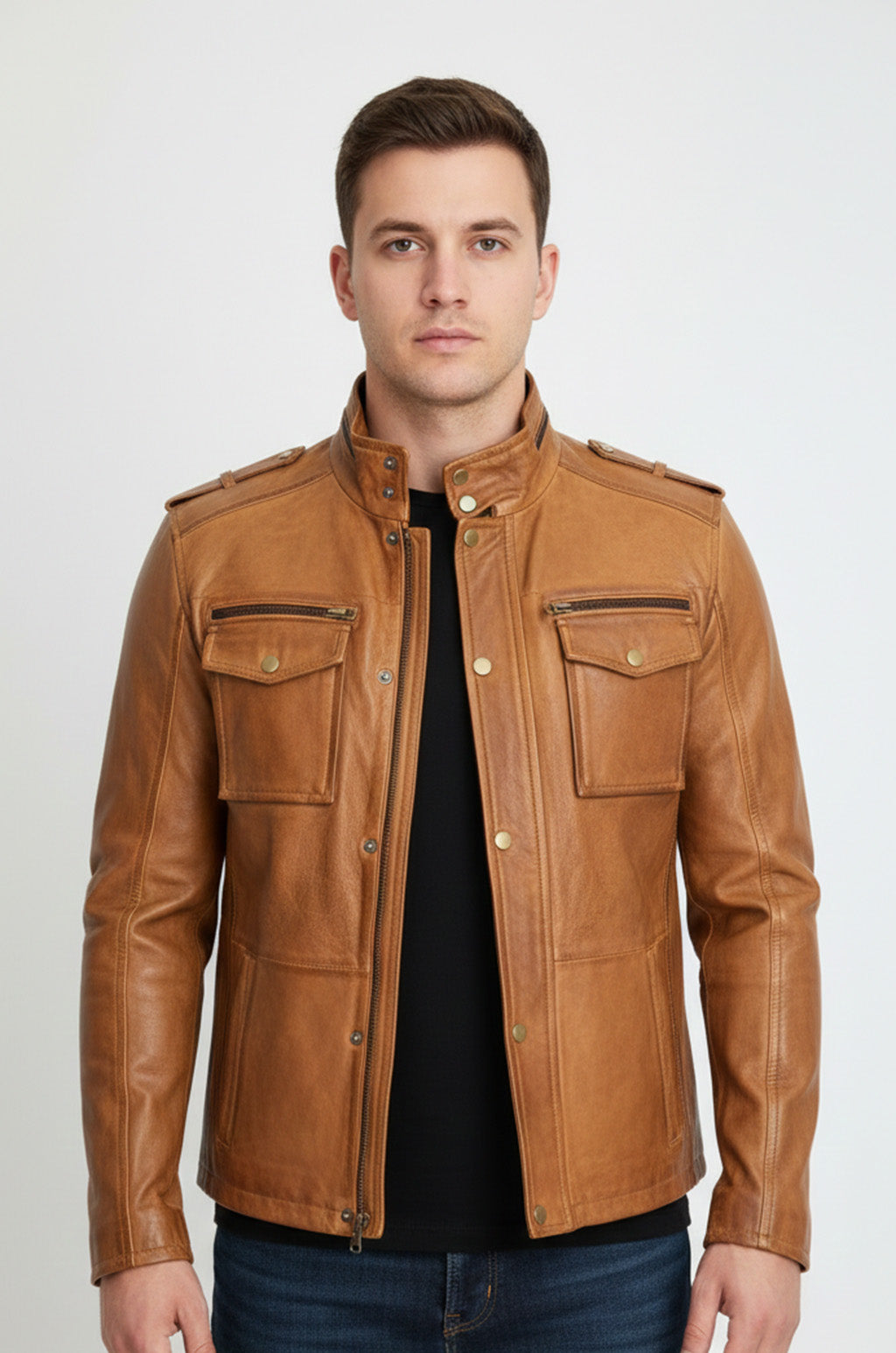 M025 Men's Motorcycle Real Leather Tan Brown Distressed Moto Biker Jacket