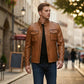 M025 Men's Motorcycle Real Leather Tan Brown Distressed Moto Biker Jacket