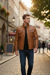 M025 Men's Motorcycle Real Leather Tan Brown Distressed Moto Biker Jacket