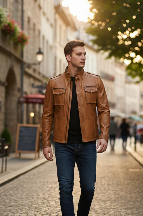 M025 Men's Motorcycle Real Leather Tan Brown Distressed Moto Biker Jacket