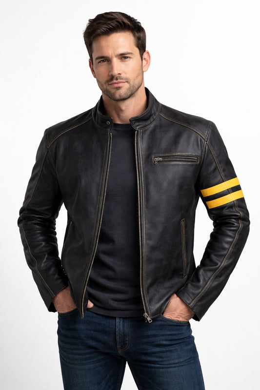M027 Biker Support Distressed Café Racer Men Black Retro Leather Jacket with protectors