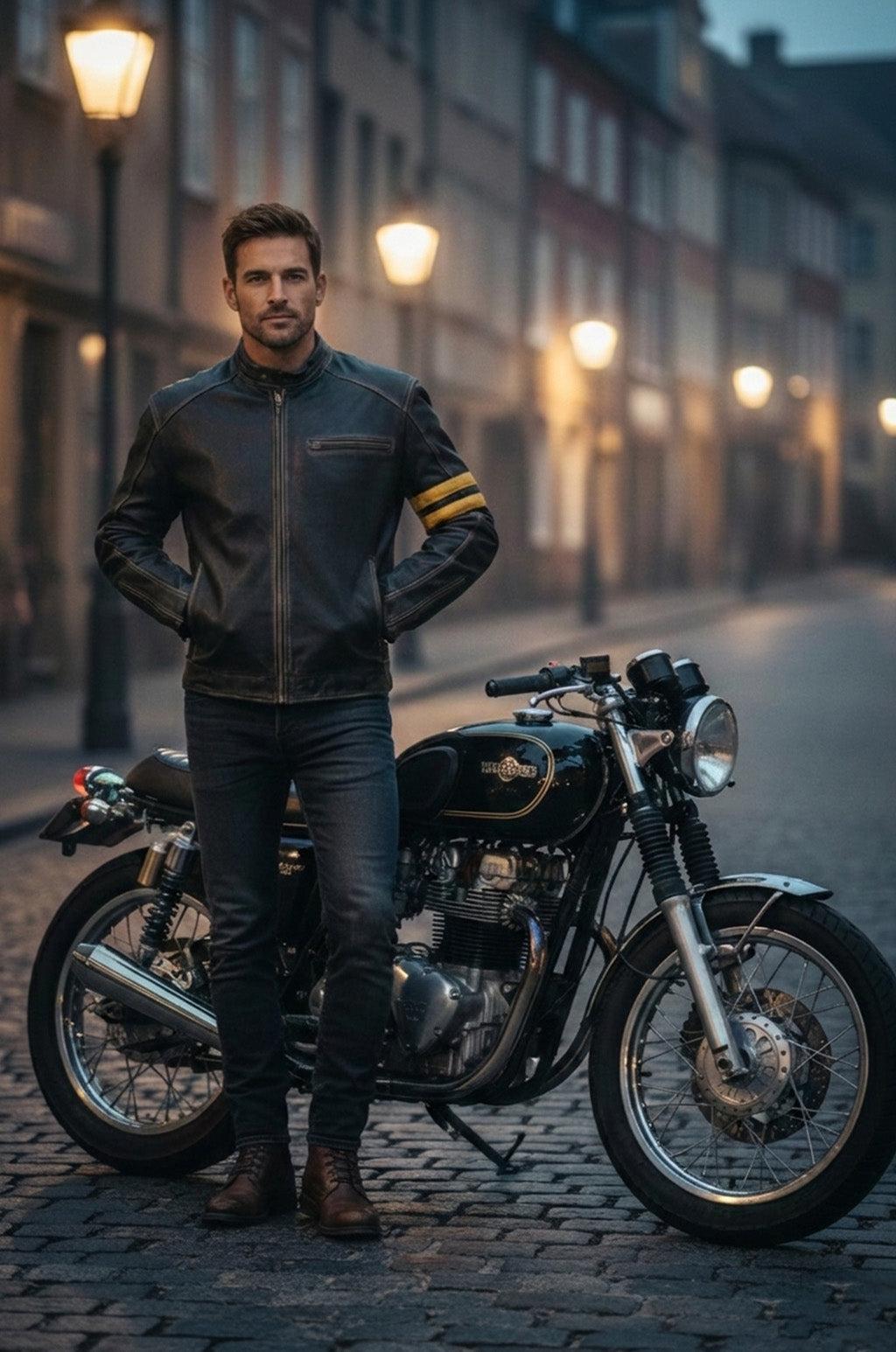 M027 Biker Support Distressed Café Racer Men Black Retro Leather Jacket with protectors