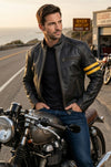 M027 Biker Support Distressed Café Racer Men Black Retro Leather Jacket with protectors
