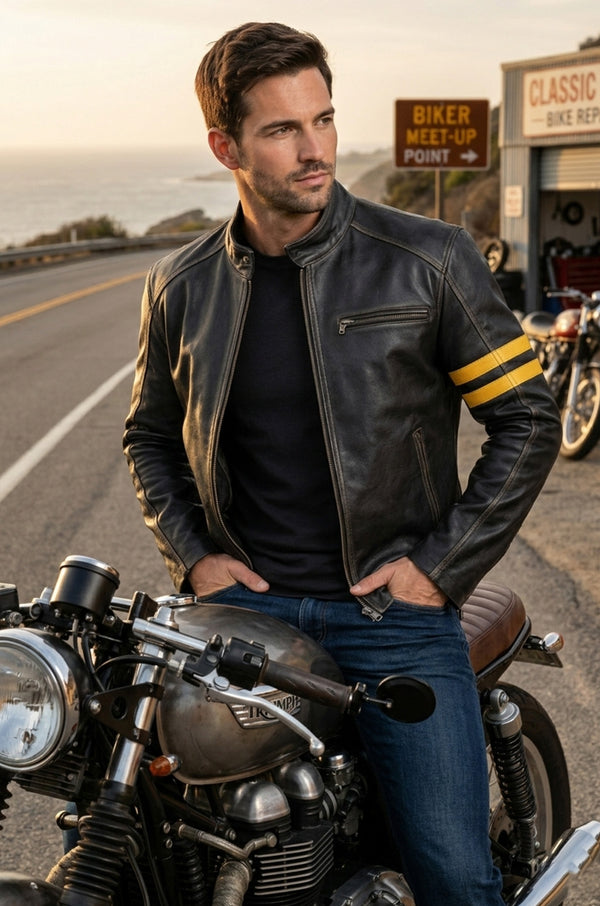 M027 Biker Support Distressed Café Racer Men Black Retro Leather Jacket with protectors