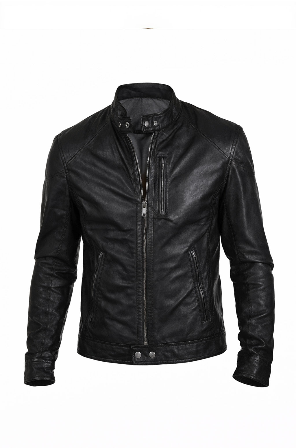 Black leather jacket on a white background