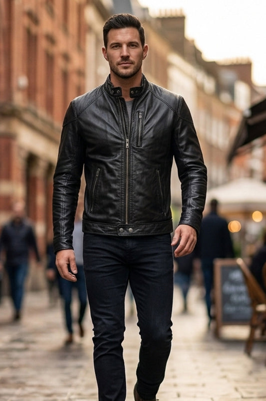 Man wearing a black leather jacket on a city street